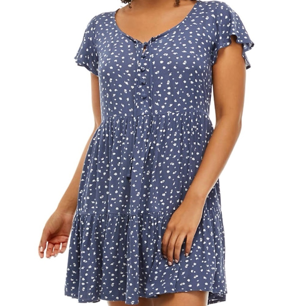TRUE CRAFT Navy Floral Short-Sleeve Flowy Summer Dress